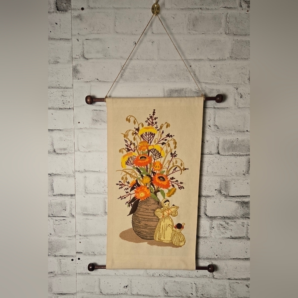 Vintage Embroidered Floral Wall Hanging Tapestry Autumn Cottagecore Decor